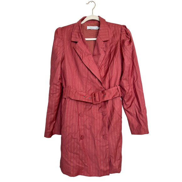 Adelyn Rae Kayla Pinstripe Belted Blazer Dress Size Medium Desert Rose Pink - Picture 2 of 10